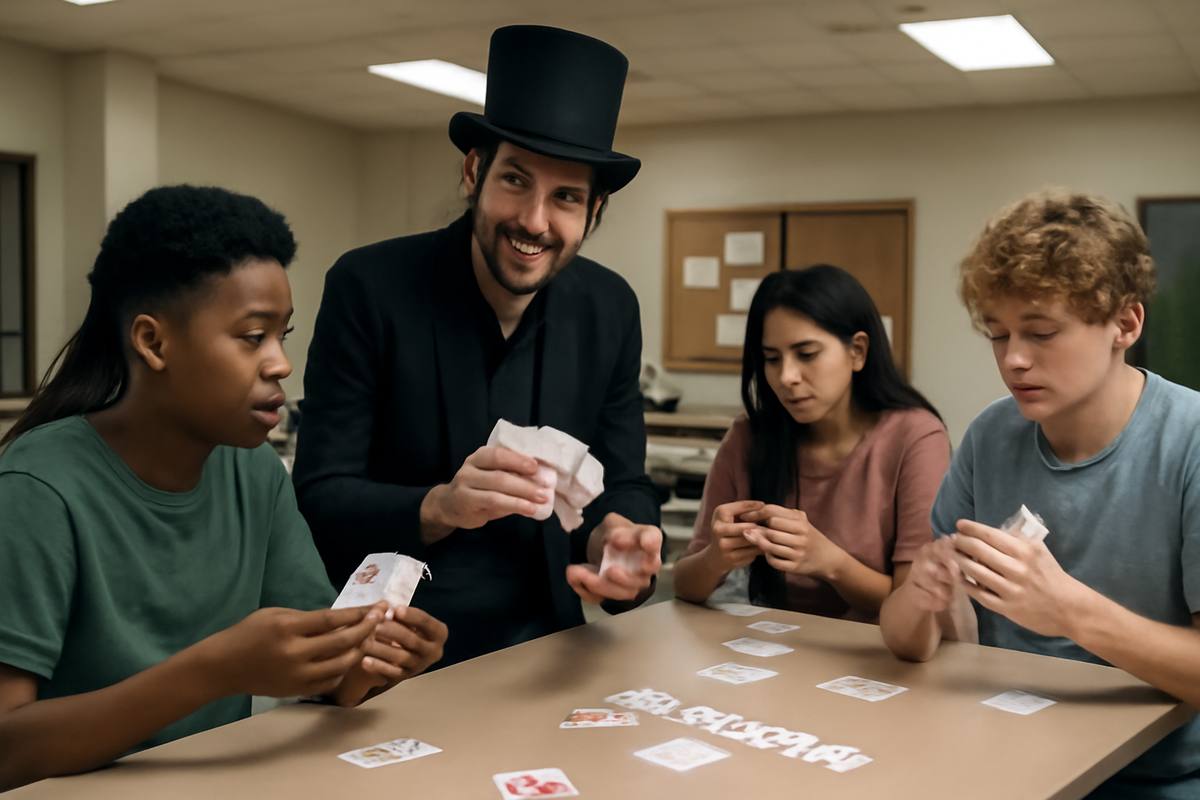 Jack Bodenstein mentoring teenagers in a youth magic workshop