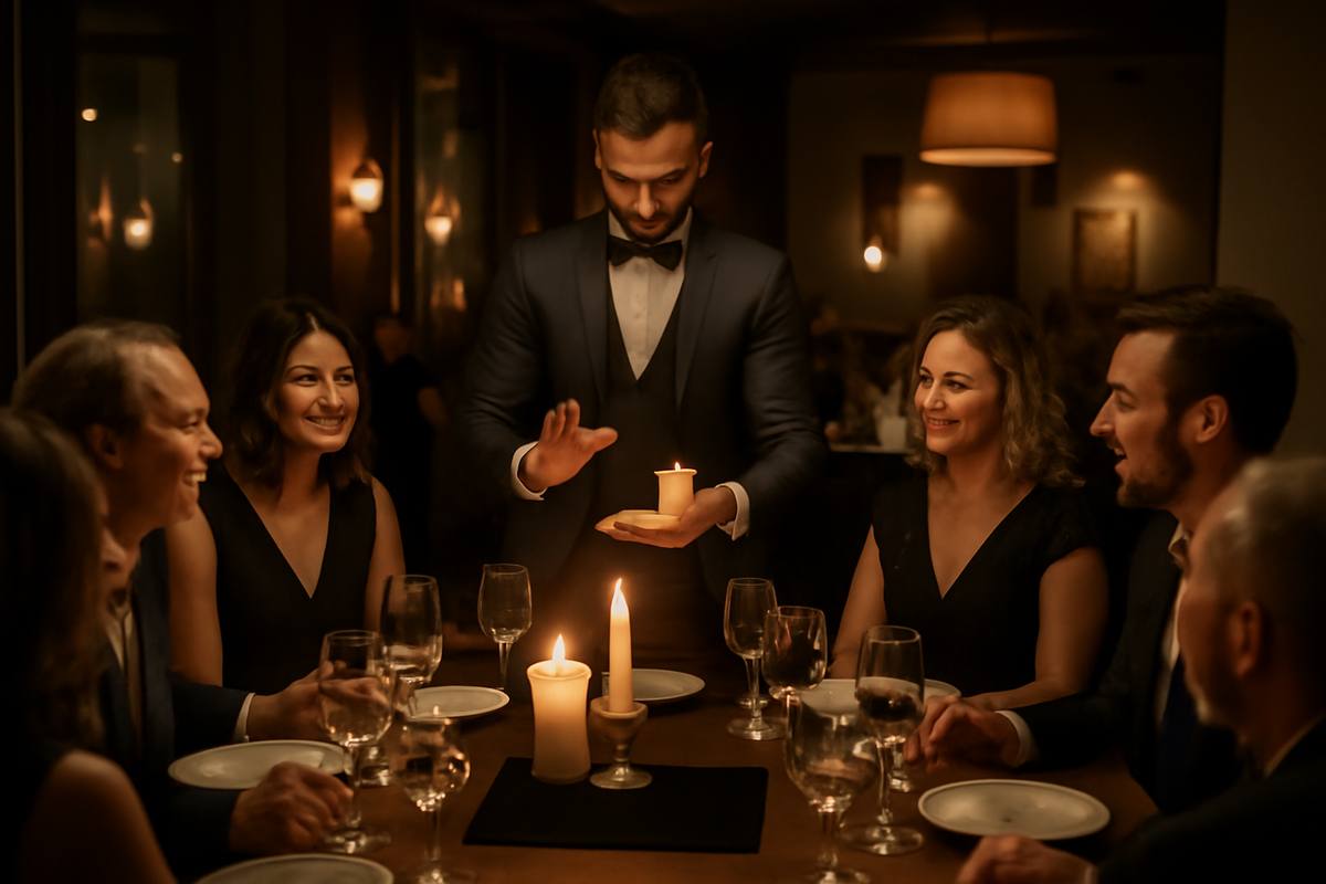 Jack Bodenstein doing table-side magic at an upscale dinner party