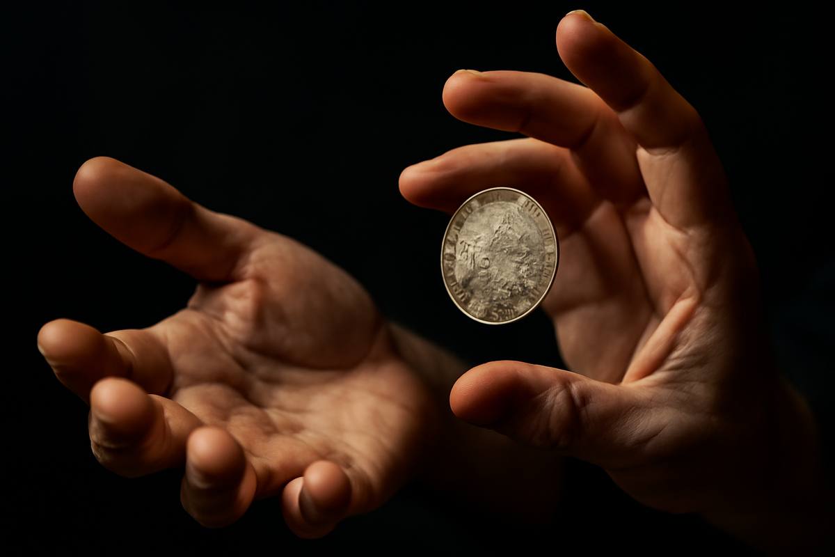 Extreme close-up of a coin vanish sleight of hand technique