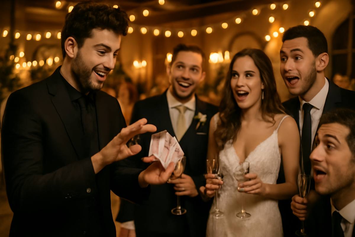 Jack Bodenstein performing card magic at a wedding cocktail hour